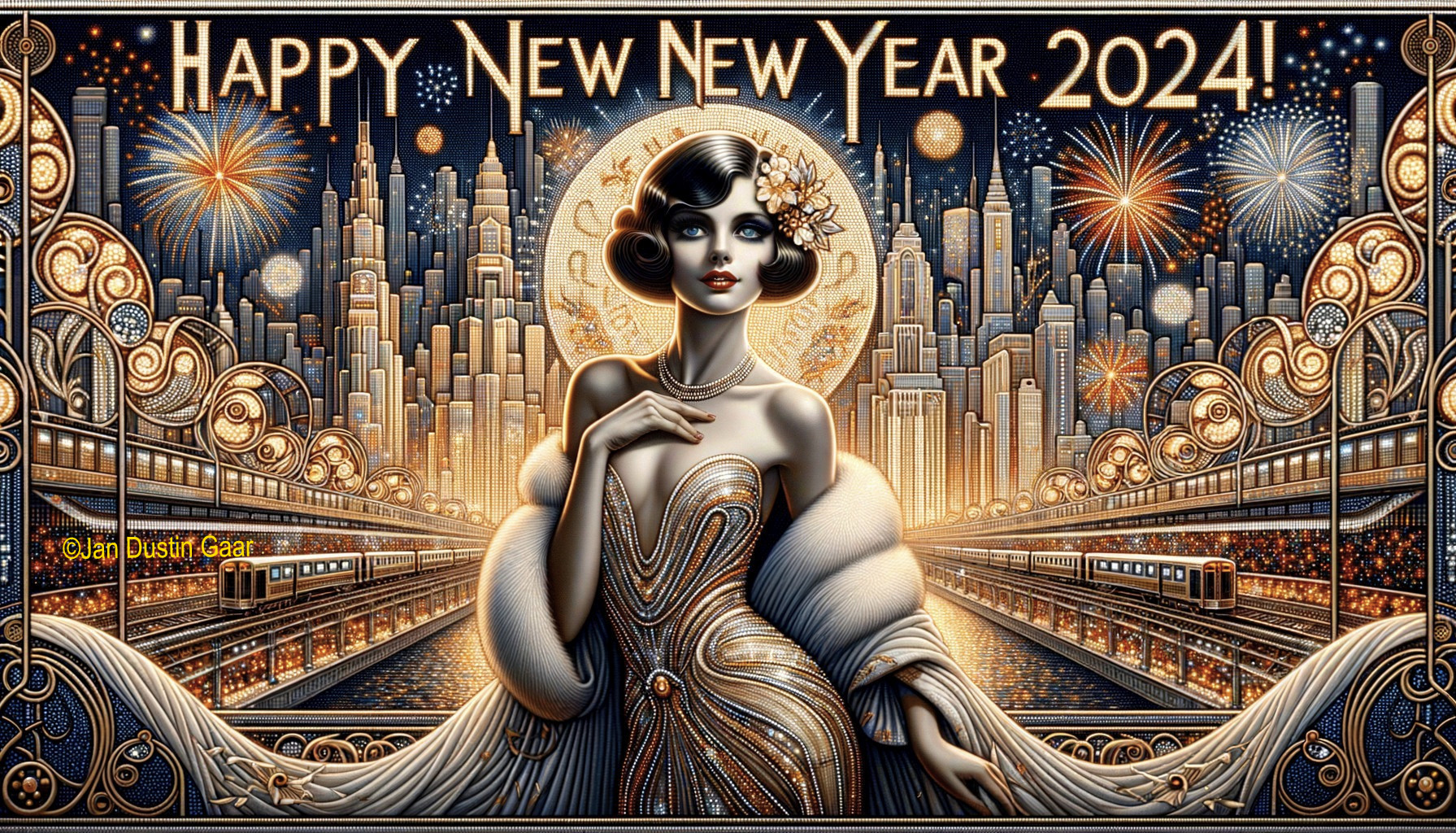 Art Deco New Year 2024 Illustration with Woman, Cityscape, and Fireworks