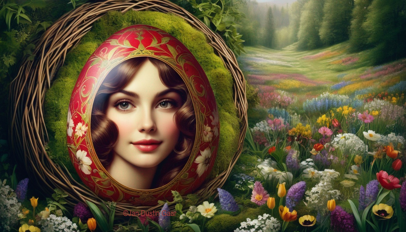 Portrait of a woman with flowers and decorative egg