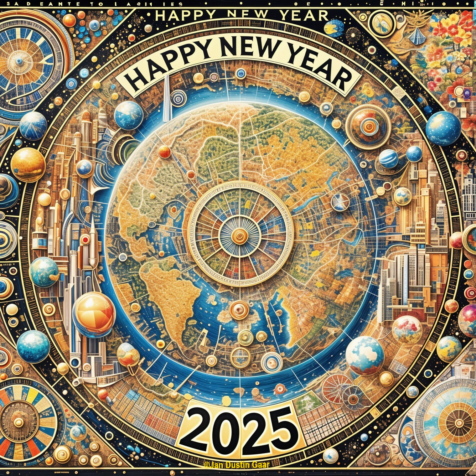 New Year 2025 Illustration with Globe and Celestial Design