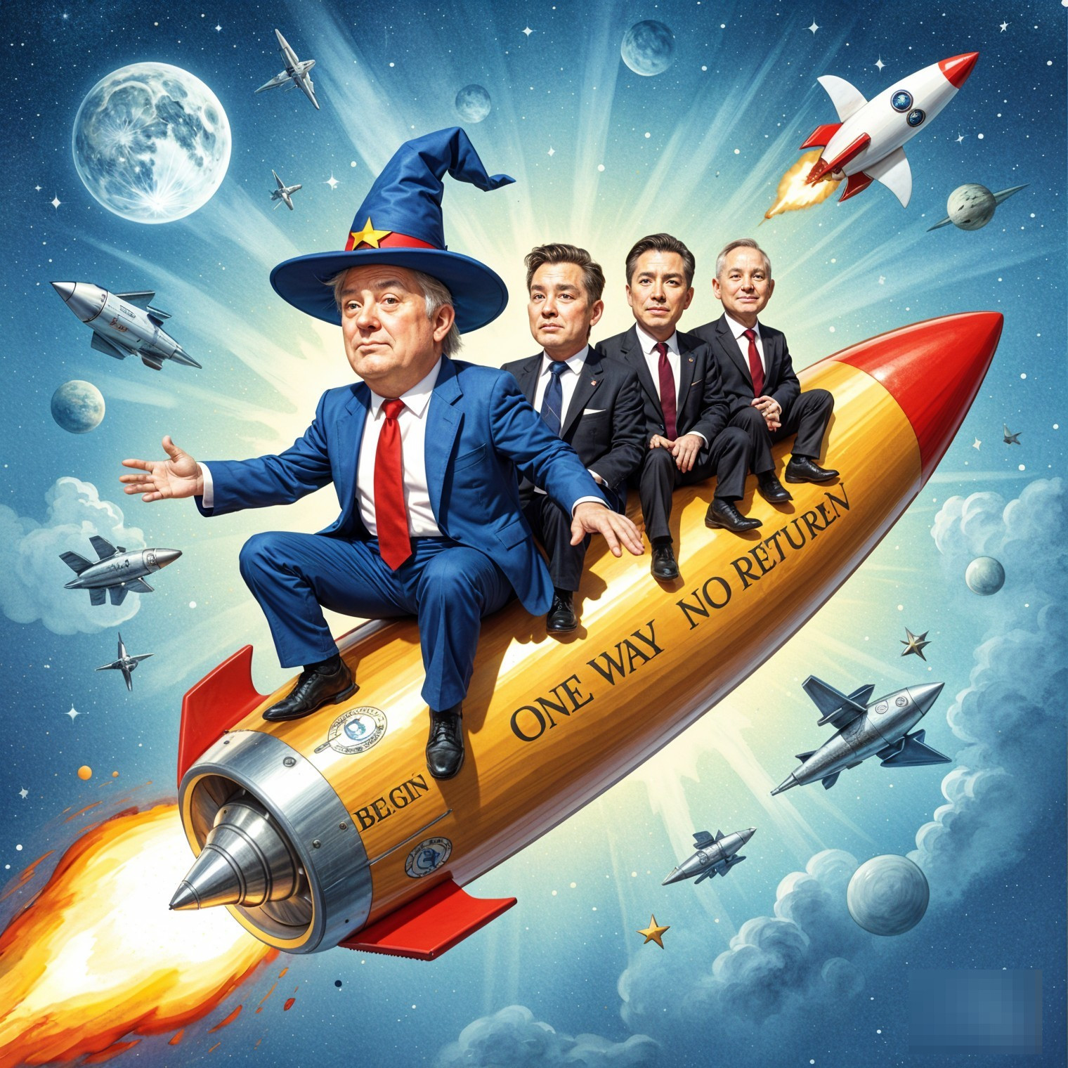 Whimsical Cartoon of Characters on a Yellow Rocket