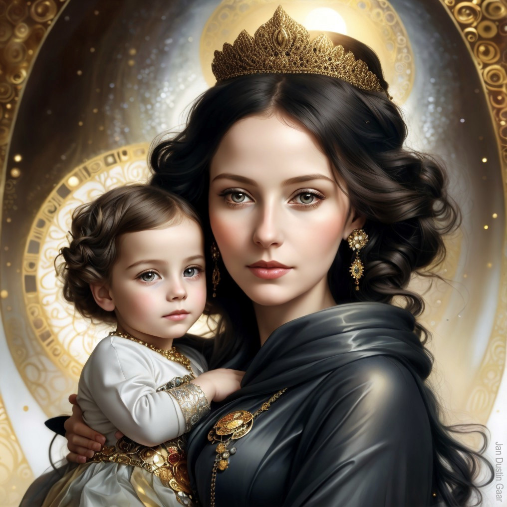 Regal woman with golden crown holding child in princely outfit on ornate backdrop