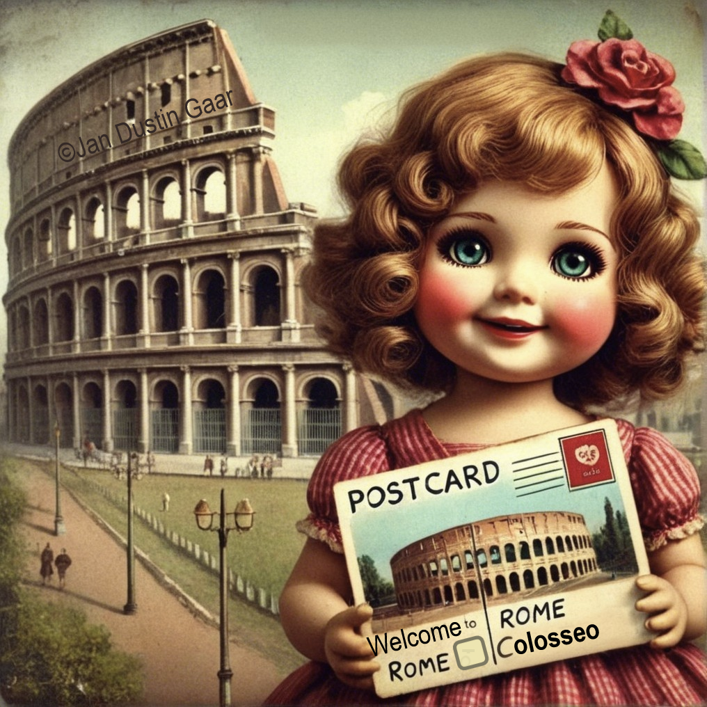 Vintage Postcard of Doll at Rome's Colosseum