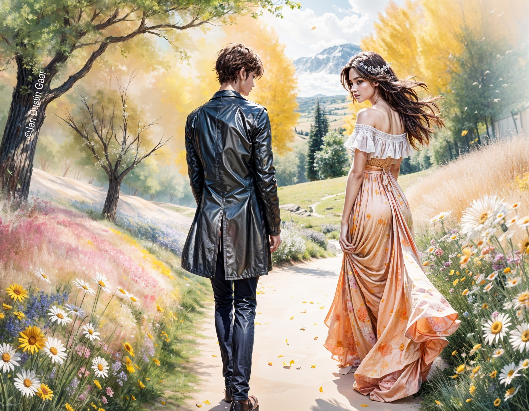 Young couple in a vibrant landscape with blooming flowers