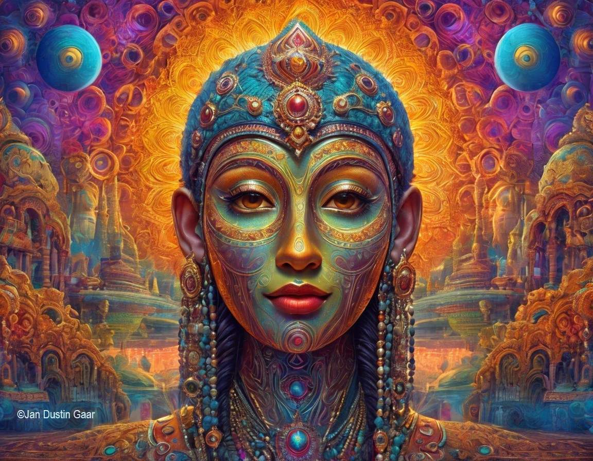 Vibrant Artwork of Woman with Intricate Designs