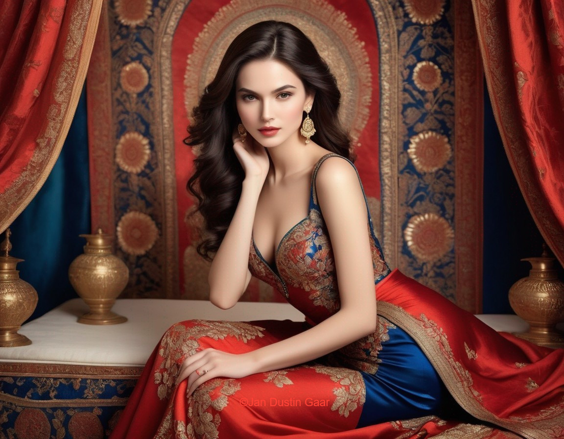 Elegant Woman in Red and Blue Gown with Gold Embroidery