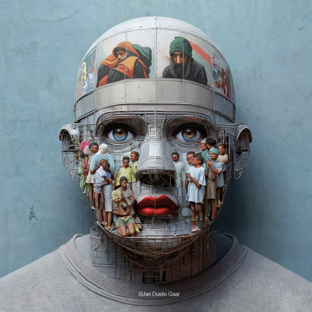 Humanoid Robot with Metallic Face and Human Themes
