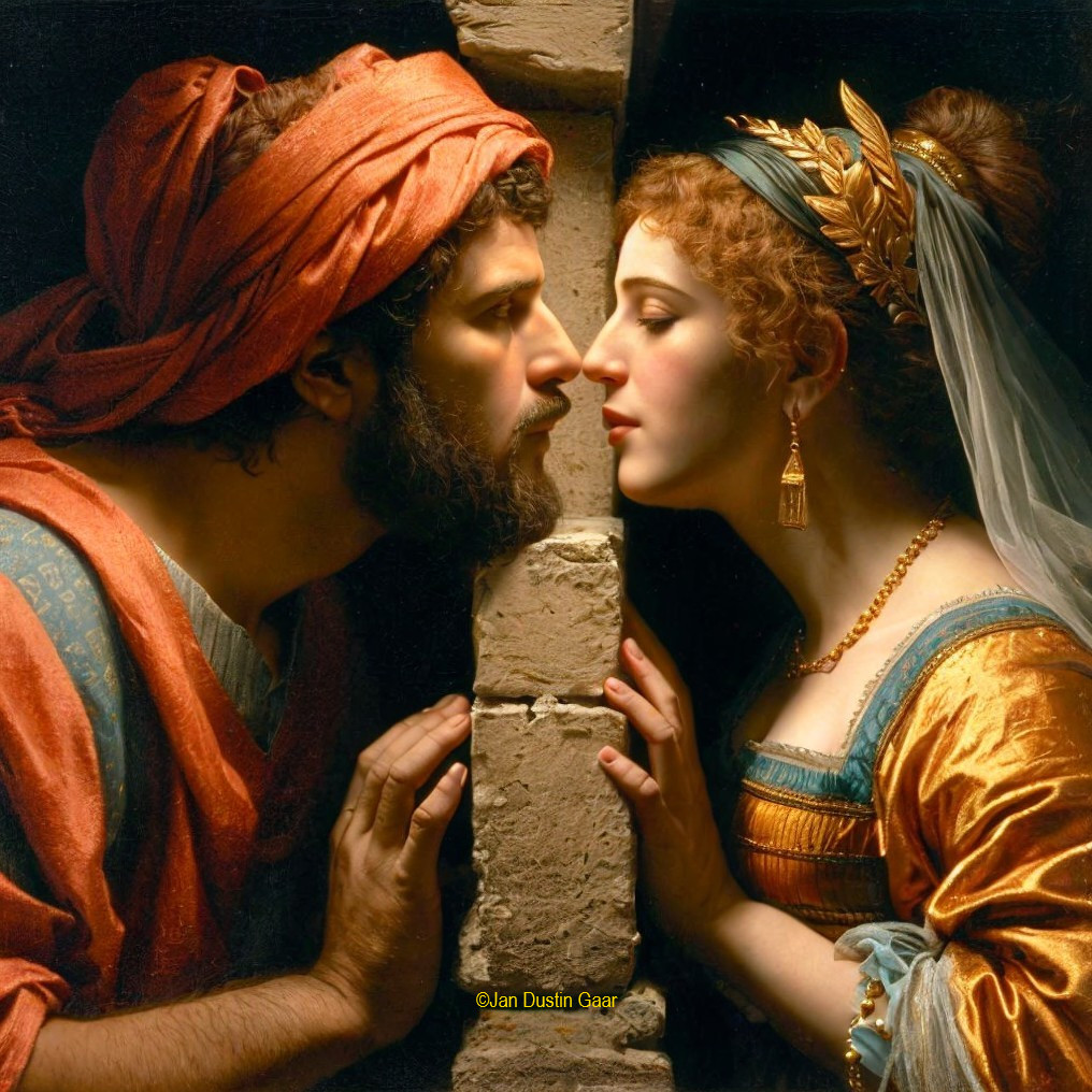 Tender Moment Between Two Figures by Stone Wall