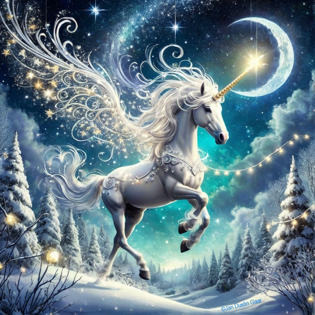 Majestic Unicorn in Enchanted Winter Landscape