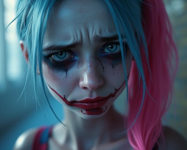 Character with Blue and Pink Pigtails and Dramatic Makeup