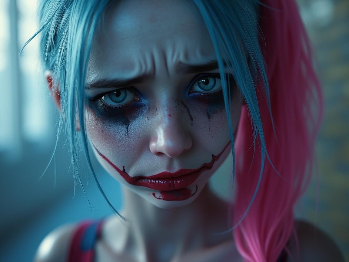 Character with Blue and Pink Pigtails and Dramatic Makeup