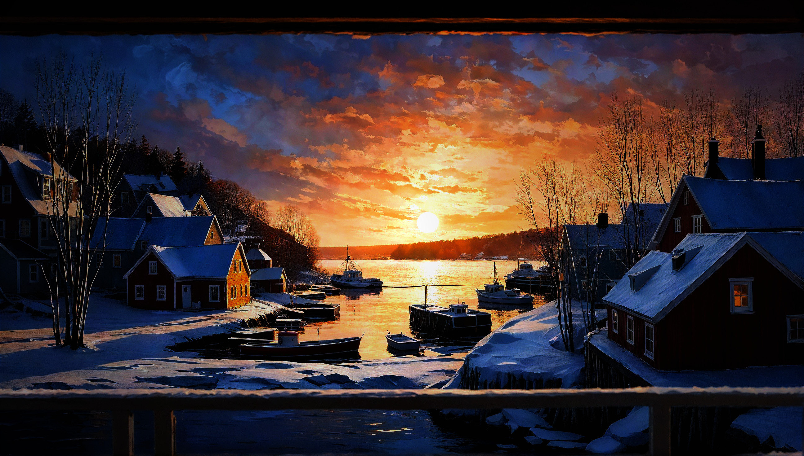 Panoramic Oil Painting of Winter Harbor at Sunset
