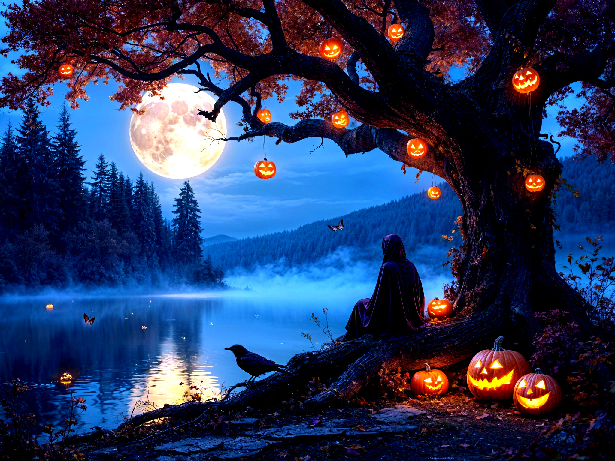 Moonlit Autumn Scene with Tree and Jack-o'-Lanterns