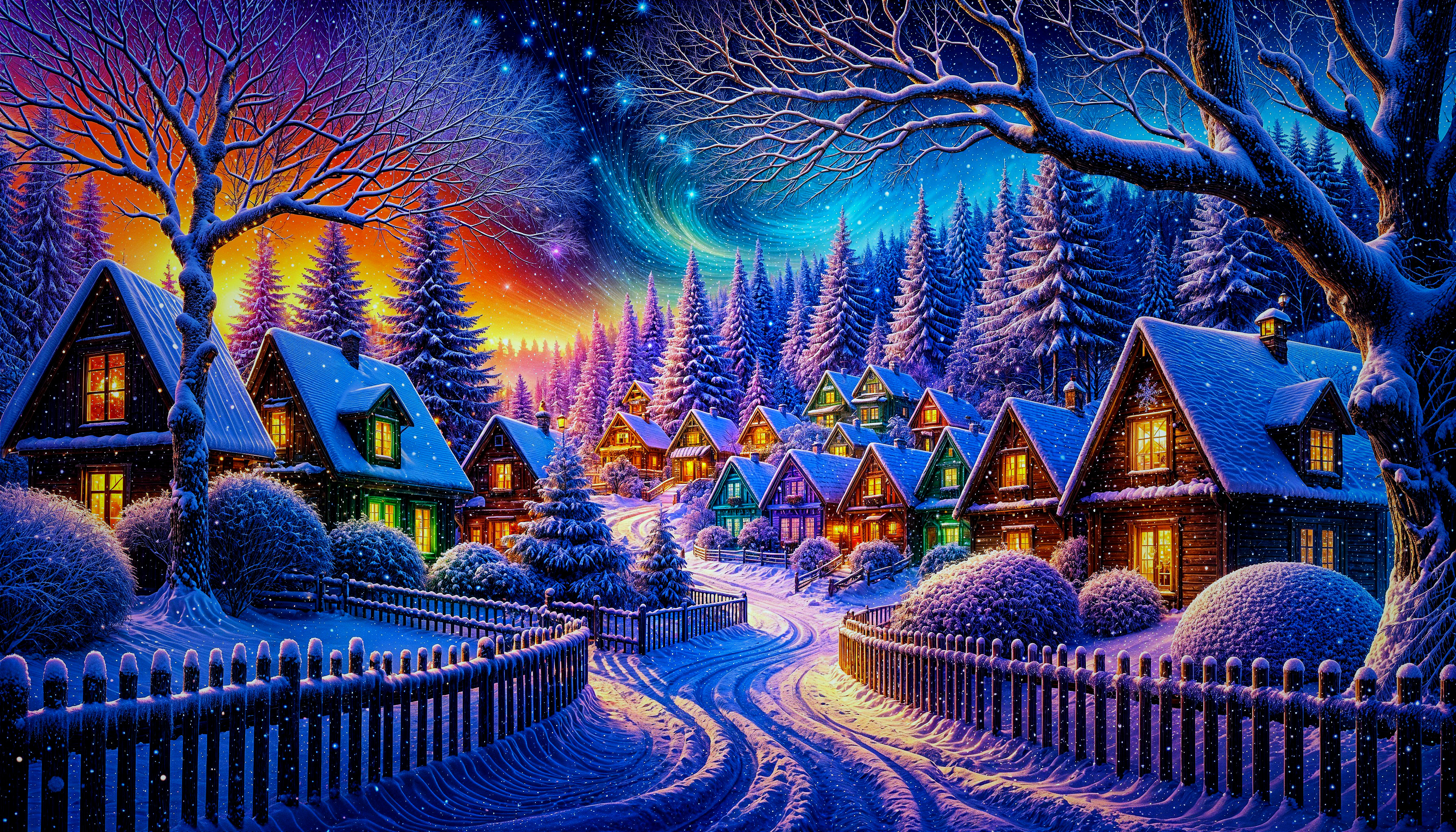 Cozy Cottages in a Snowy Winter Landscape