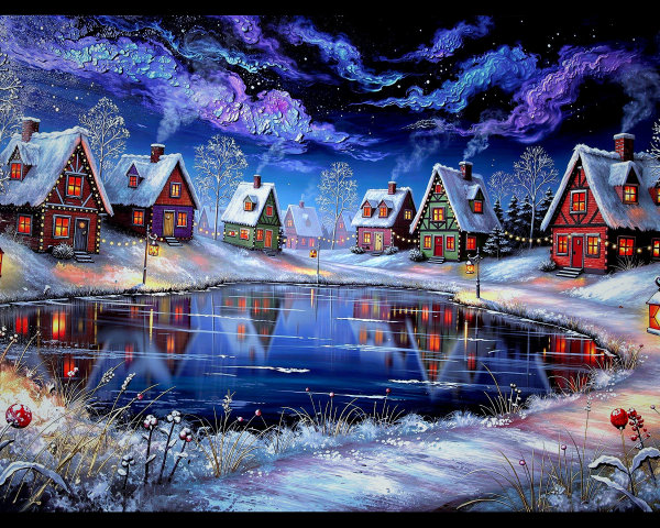 Panoramic Winter Wonderland Oil Painting at Night