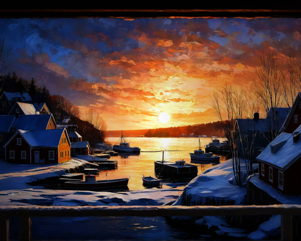 Panoramic Oil Painting of Winter Harbor at Sunset