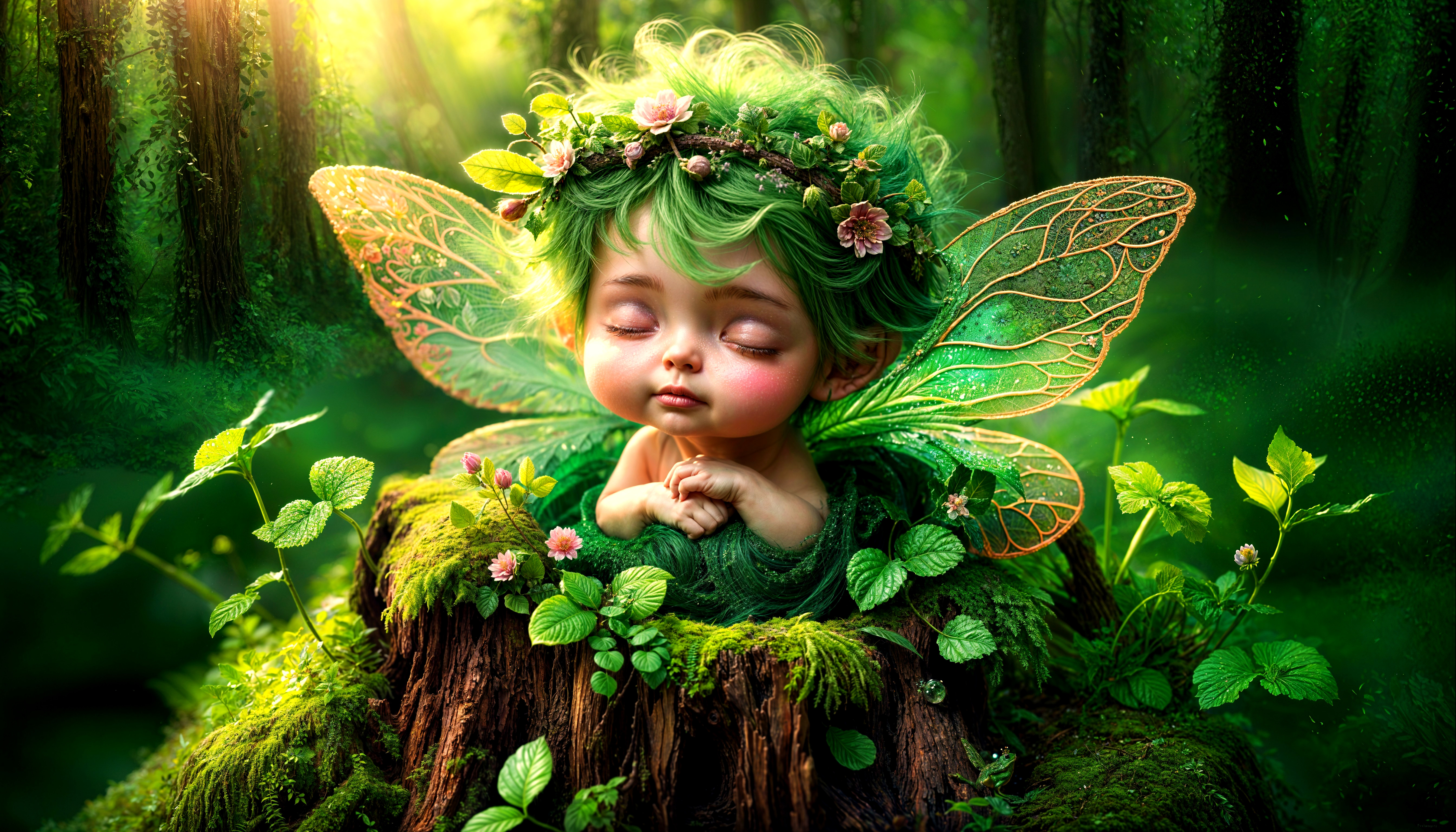 Whimsical Fairy in a Moss-Covered Tree Stump