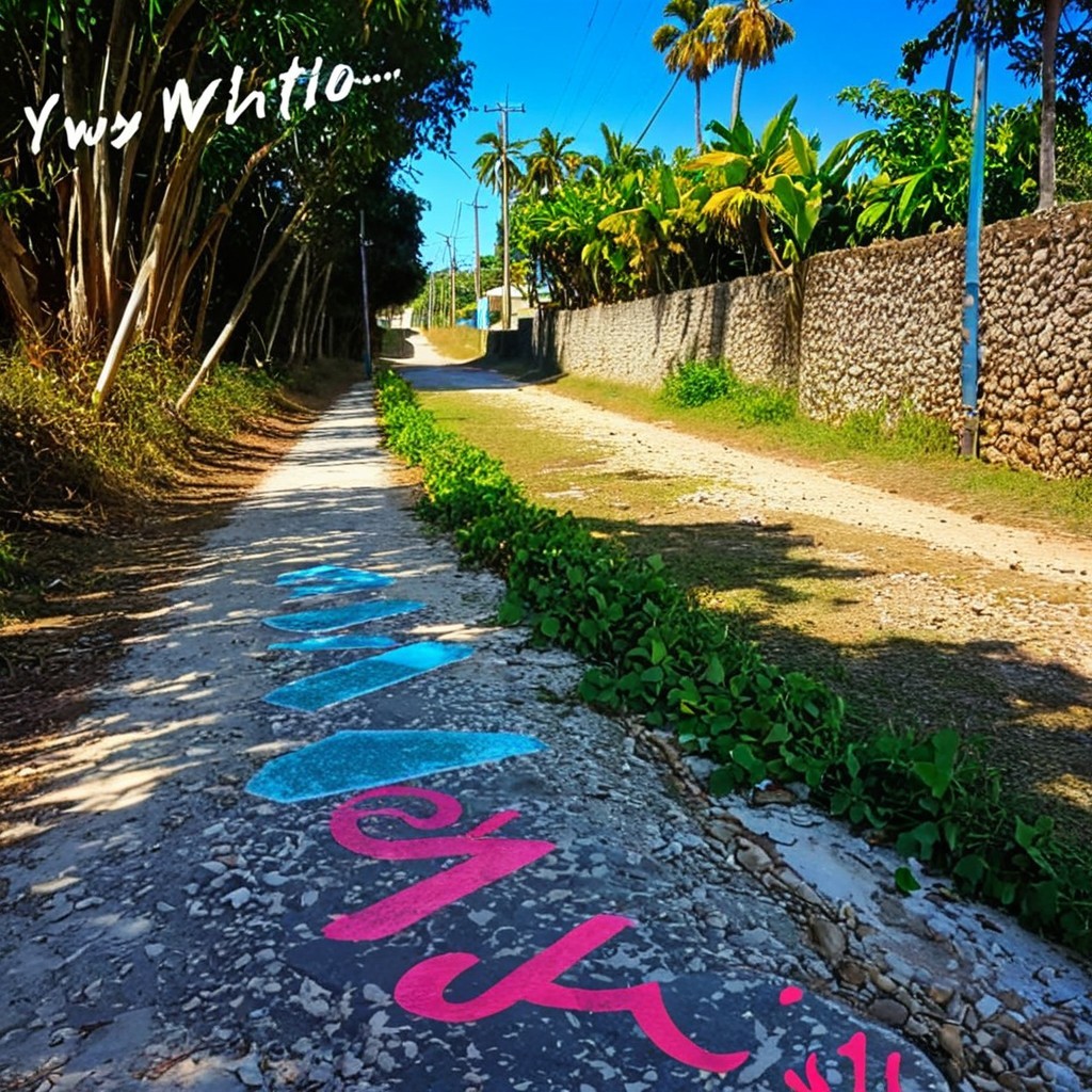 Tropical Pathway with Lush Vegetation and Graffiti