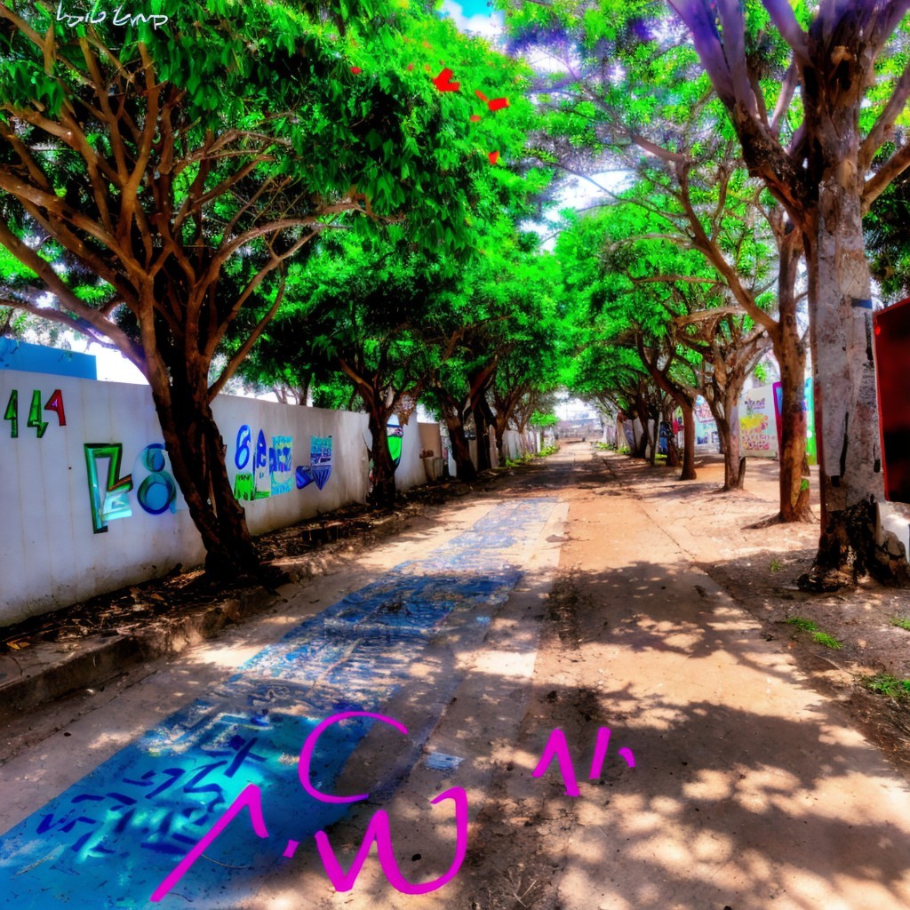 Serene Pathway with Green Trees and Colorful Graffiti