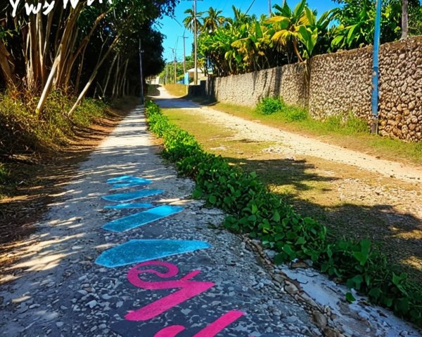 Tropical Pathway with Lush Vegetation and Graffiti