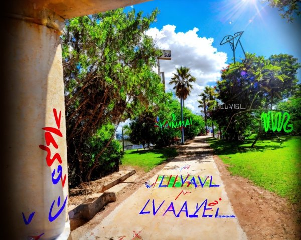 Vibrant Park Scene with Pathway and Colorful Graffiti