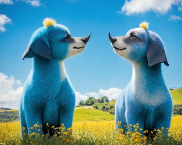 Cartoonish Blue Dogs in Vibrant Flower Field
