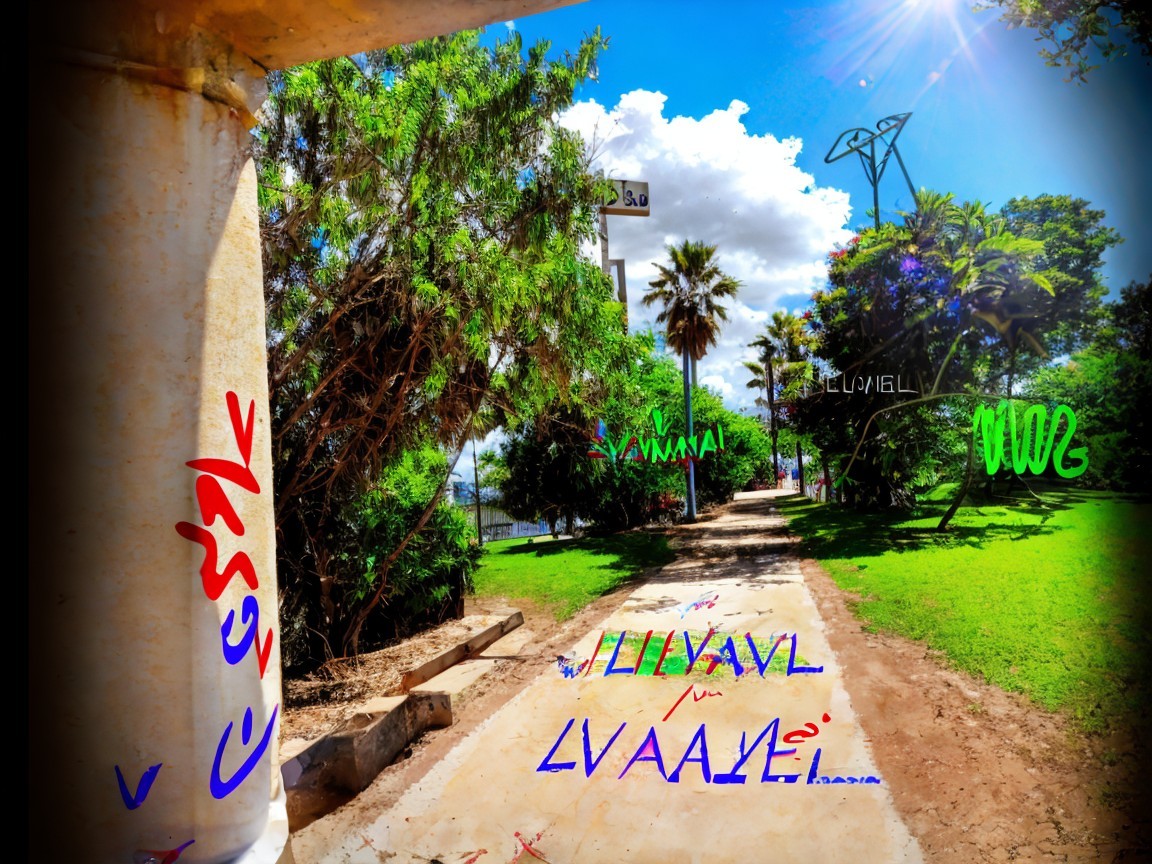 Vibrant Park Scene with Pathway and Colorful Graffiti