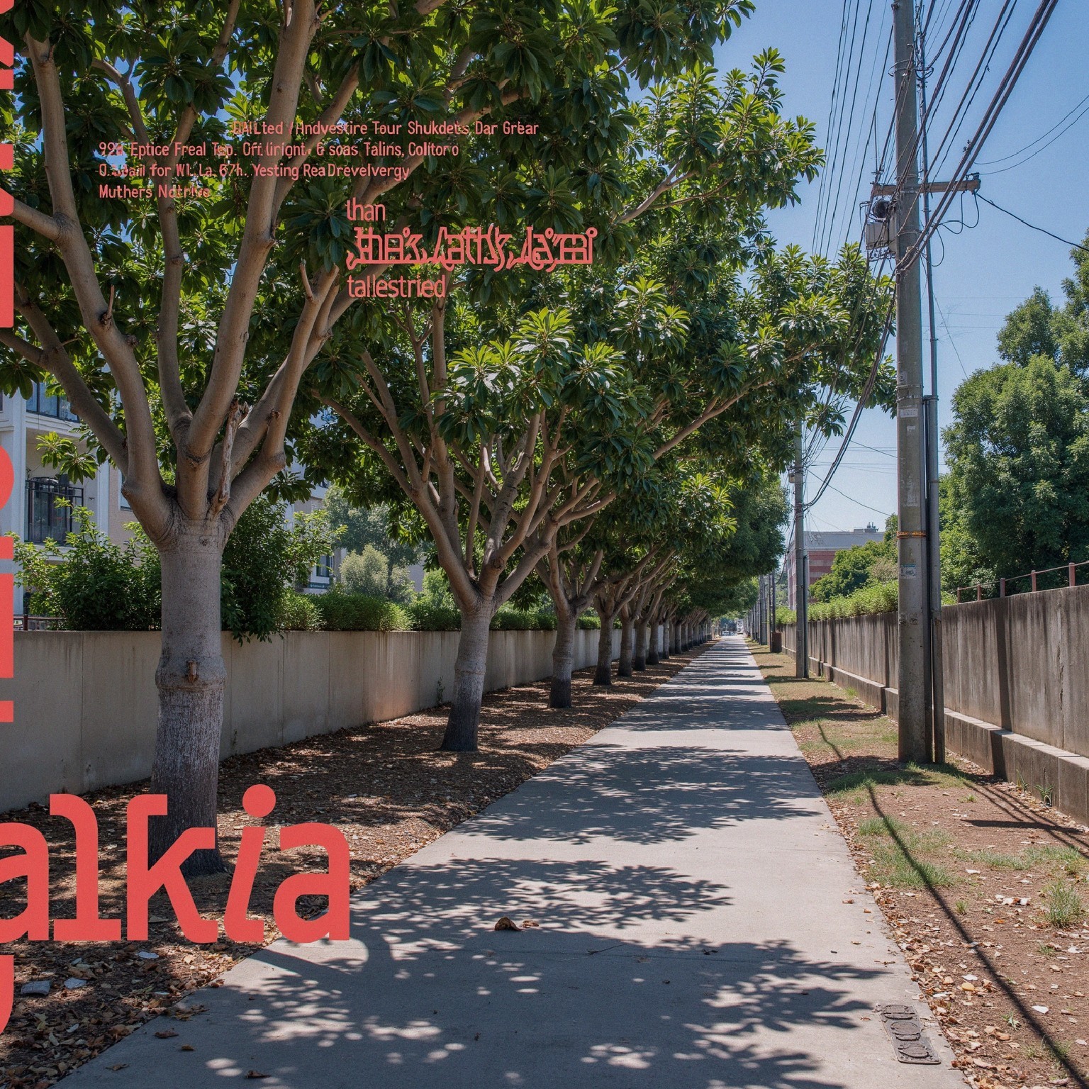 Tree-Lined Pathway with Green Foliage and Power Lines
