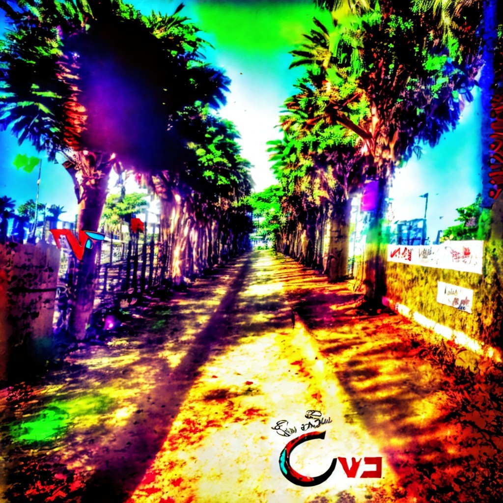 Vibrant Palm Tree Pathway in Bright Colors