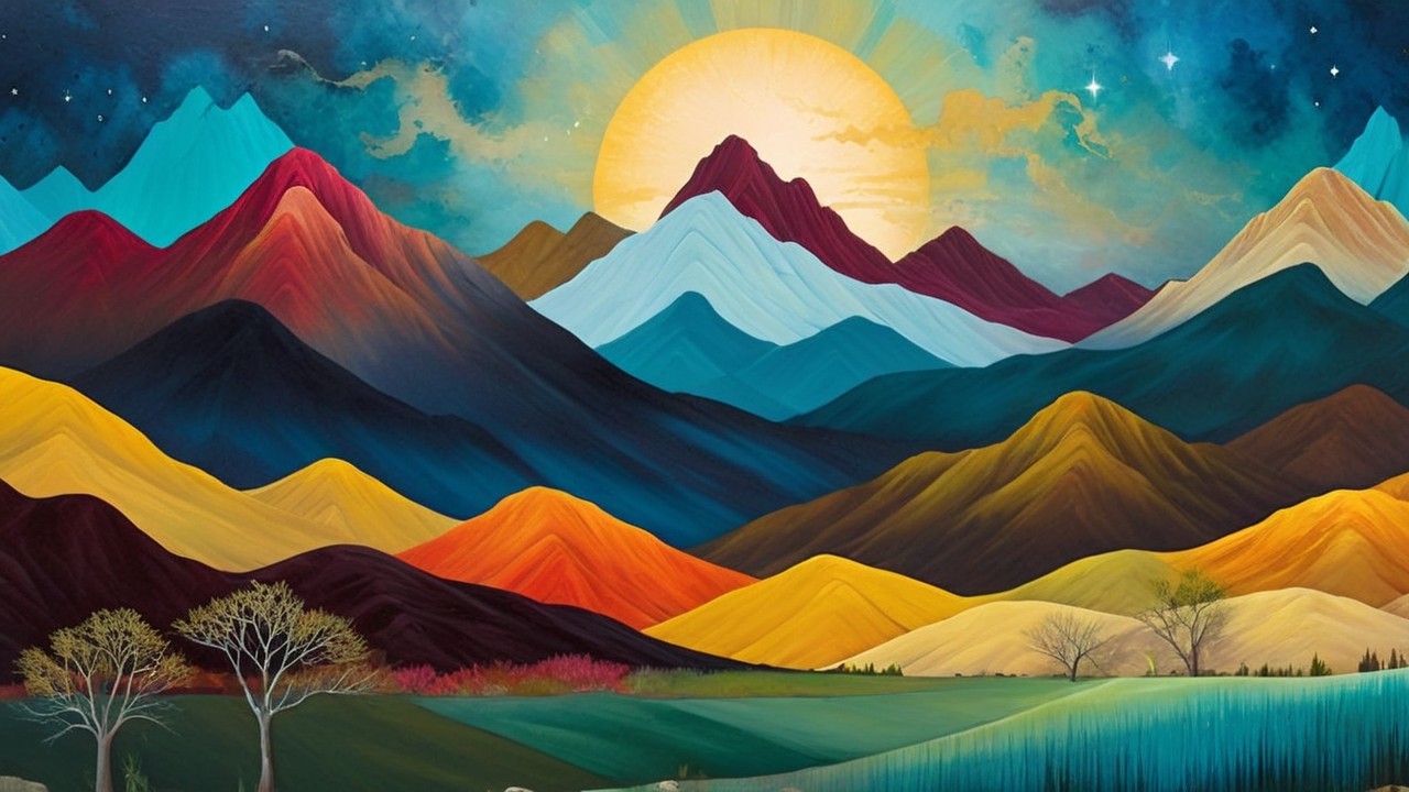 Vibrant Landscape Painting of Layered Mountains and Sun