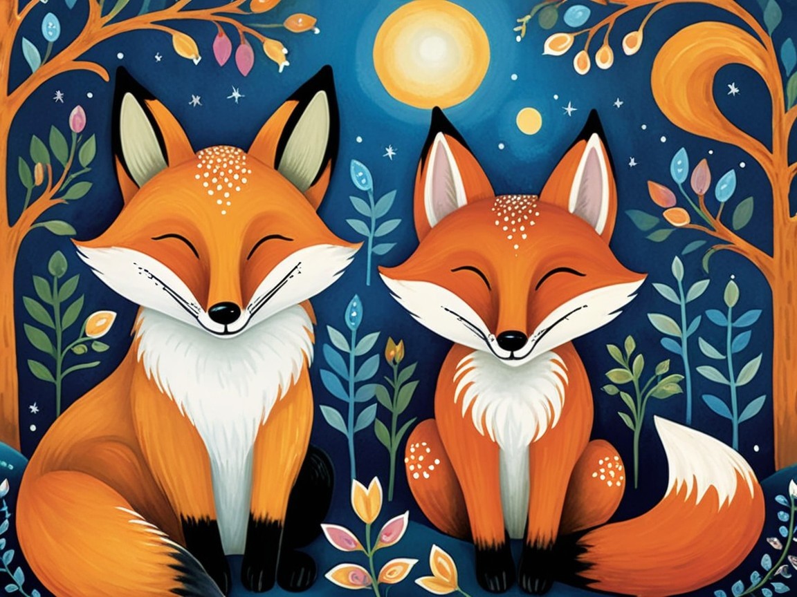 Animated foxes in a dark blue forest at night