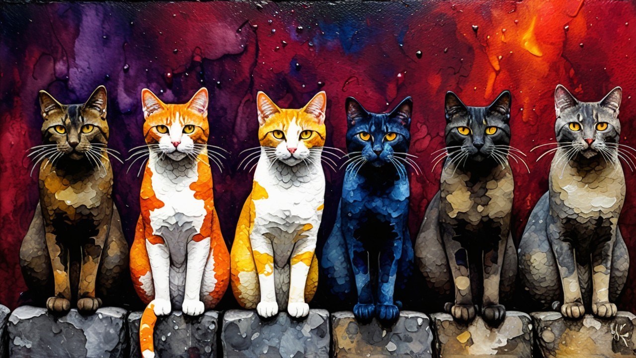 Colorful Painting of Six Cats with Dramatic Background