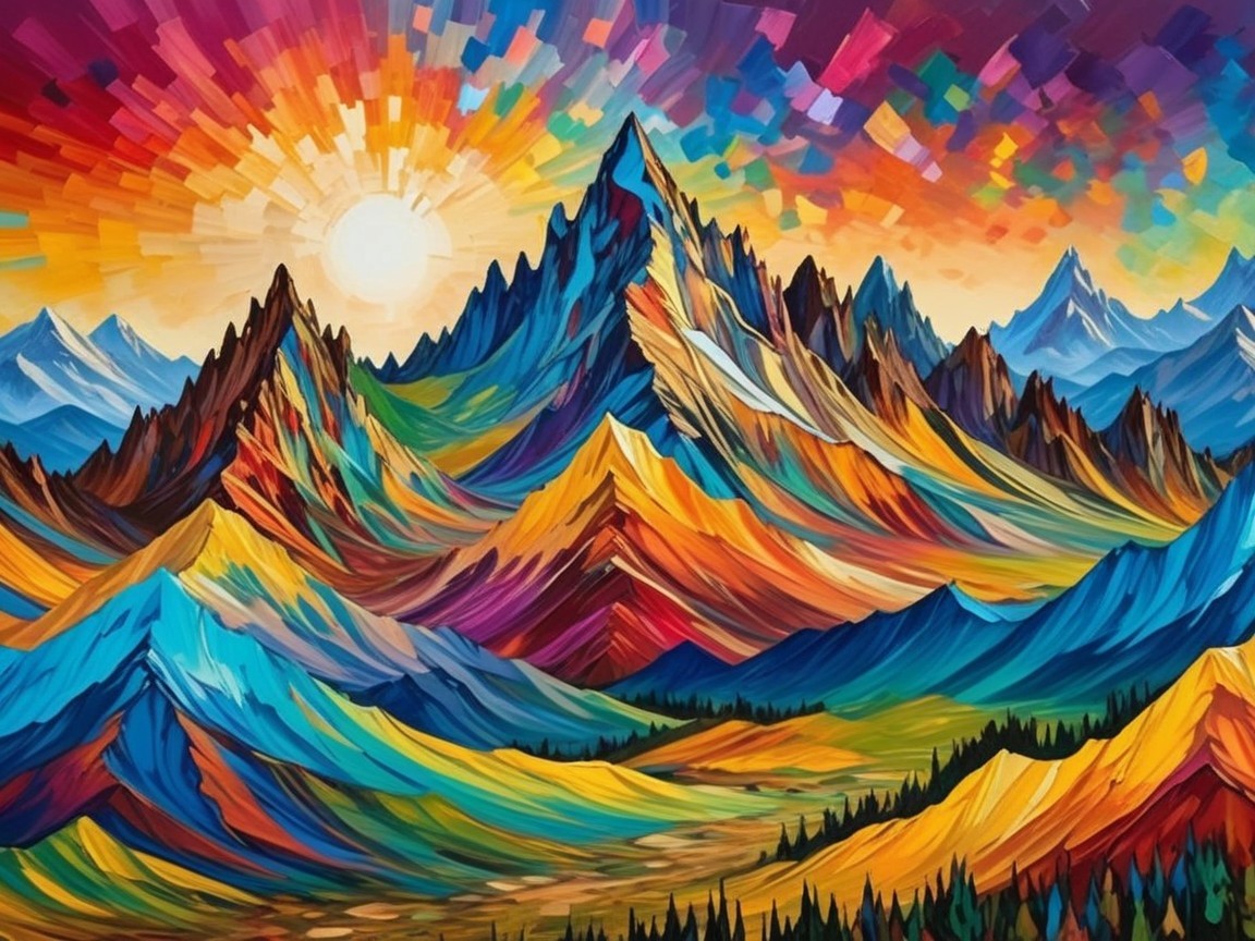Vibrant landscape painting of majestic mountains at sunrise