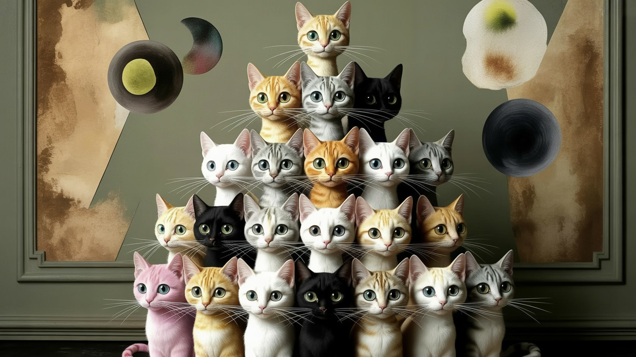 Whimsical Pyramid of Twenty Colorful Cats