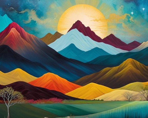 Vibrant Landscape Painting of Layered Mountains and Sun