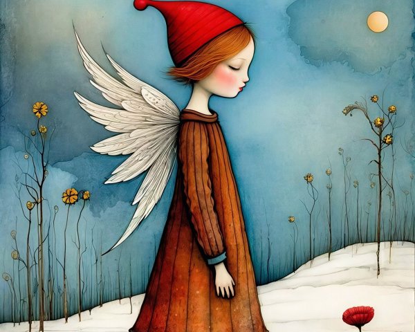 Watercolor painting of an angel girl in a snowy field
