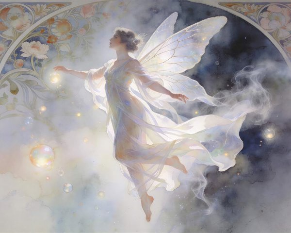 Ethereal Fairy in Watercolor with Glowing Orbs