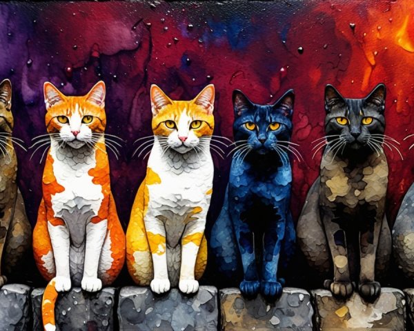 Colorful Painting of Six Cats with Dramatic Background