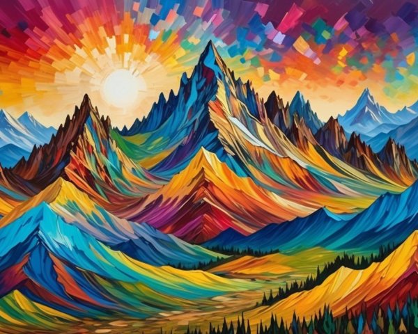Vibrant landscape painting of majestic mountains at sunrise