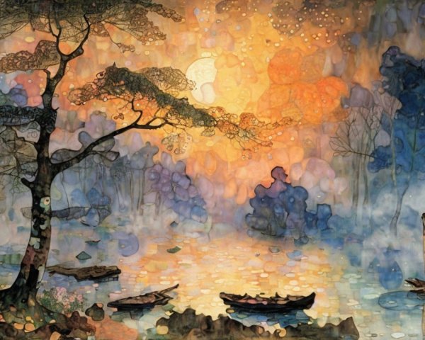 Serene Dusk Landscape with Tranquil Lake and Trees