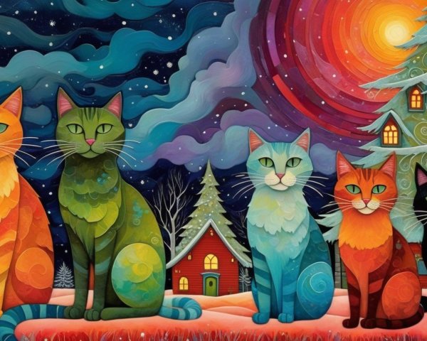 Colorful Cats on Snowy Ground with Christmas Scene