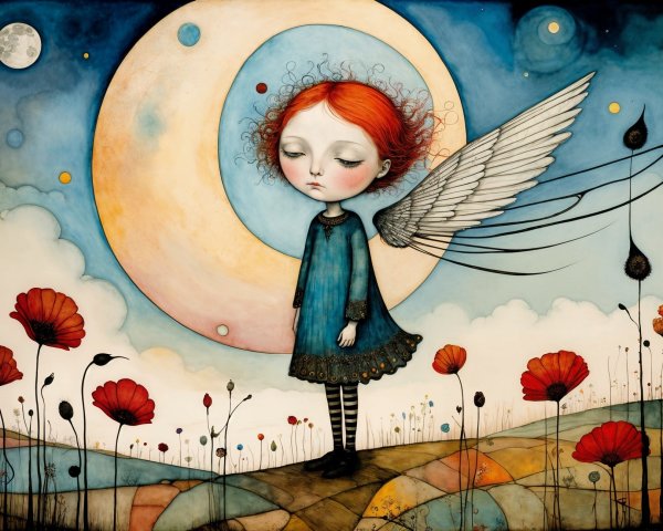 Whimsical Girl with Wings in Colorful Flower Scene