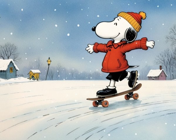 Cartoon Dog Skateboarding in a Winter Wonderland