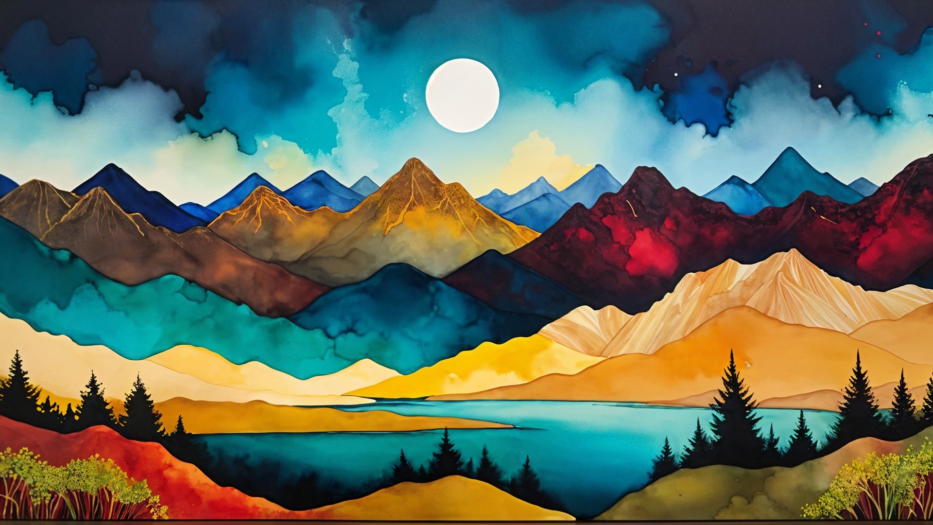 Vibrant Landscape with Mountains and Reflective Lake