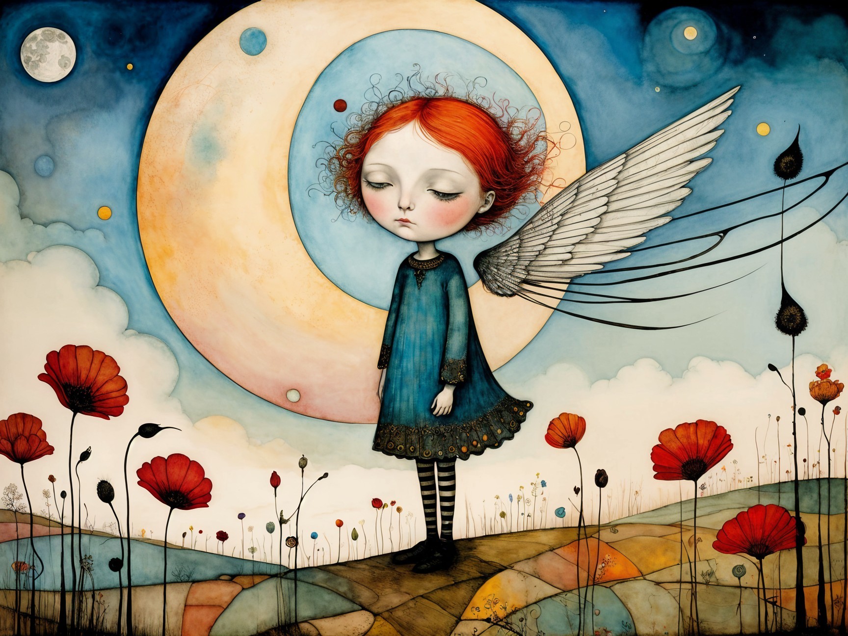 Whimsical Girl with Wings in Colorful Flower Scene