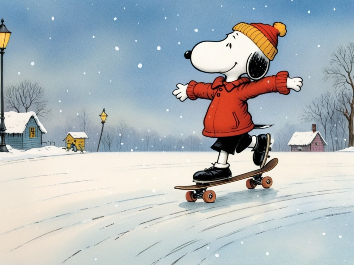 Cartoon Dog Skateboarding in a Winter Wonderland