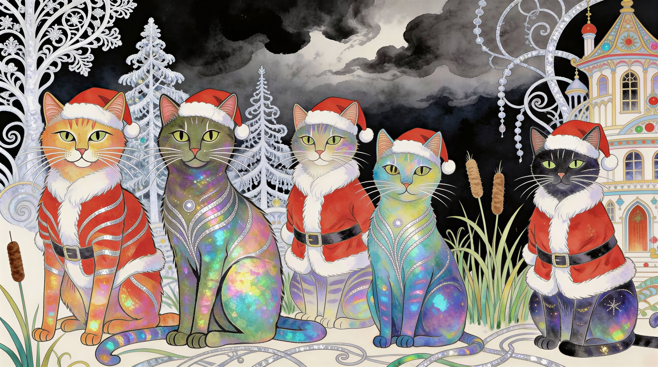 Colorful Illustration of Cats in Santa Outfits in Wonderland