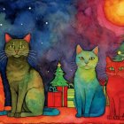 Cats in Santa Hats by a Church with Christmas Tree