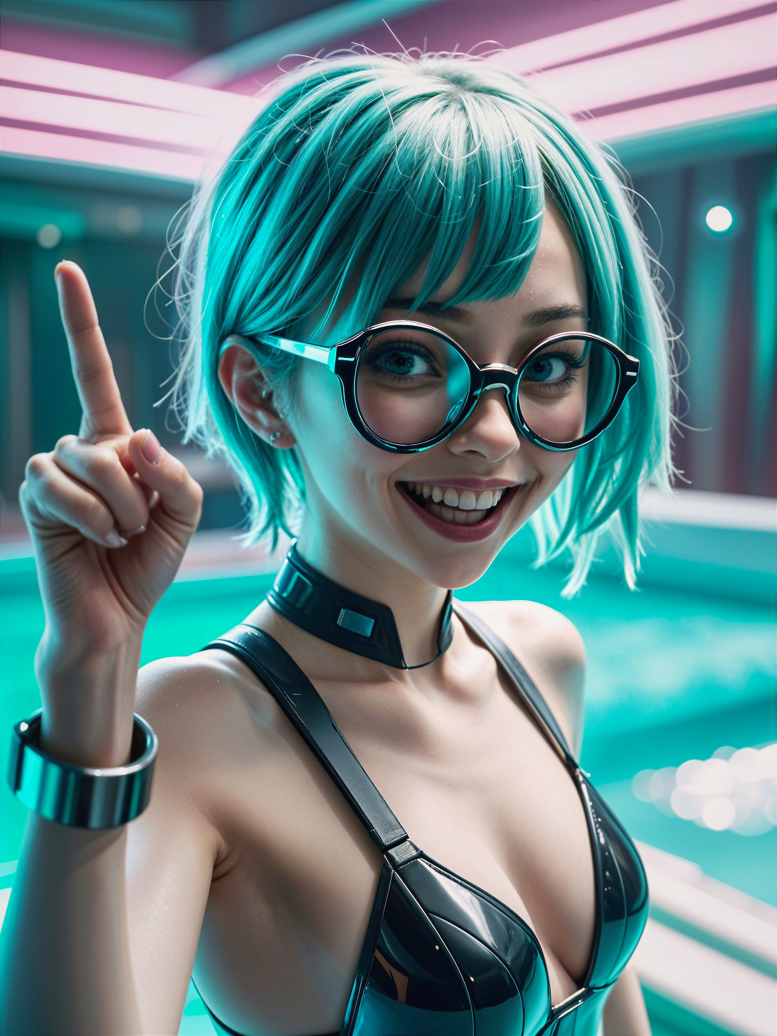 Playful Young Woman with Teal Hair in Futuristic Scene