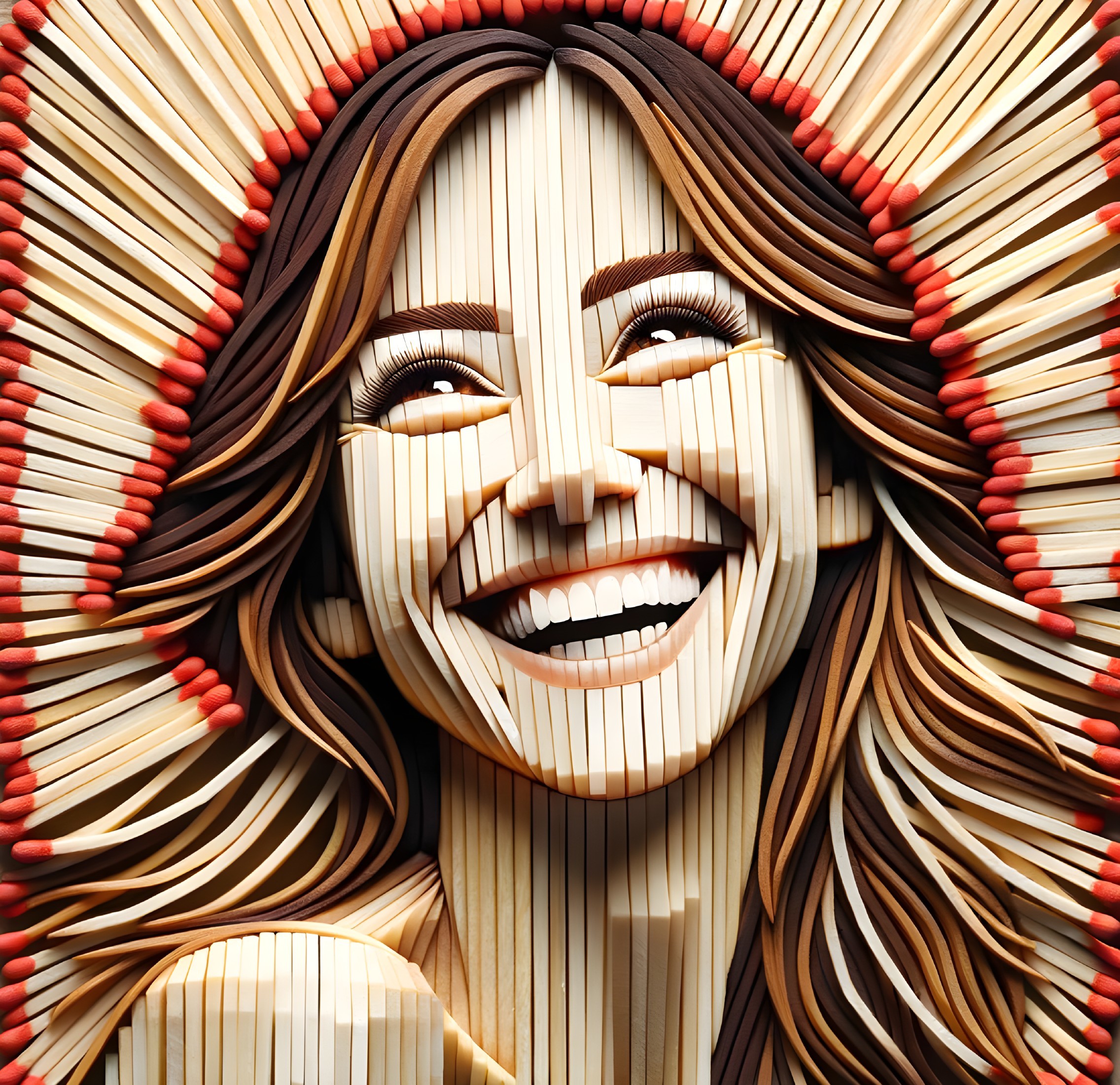 Three-Dimensional Smiling Female Face Sculpture with Wooden Sticks