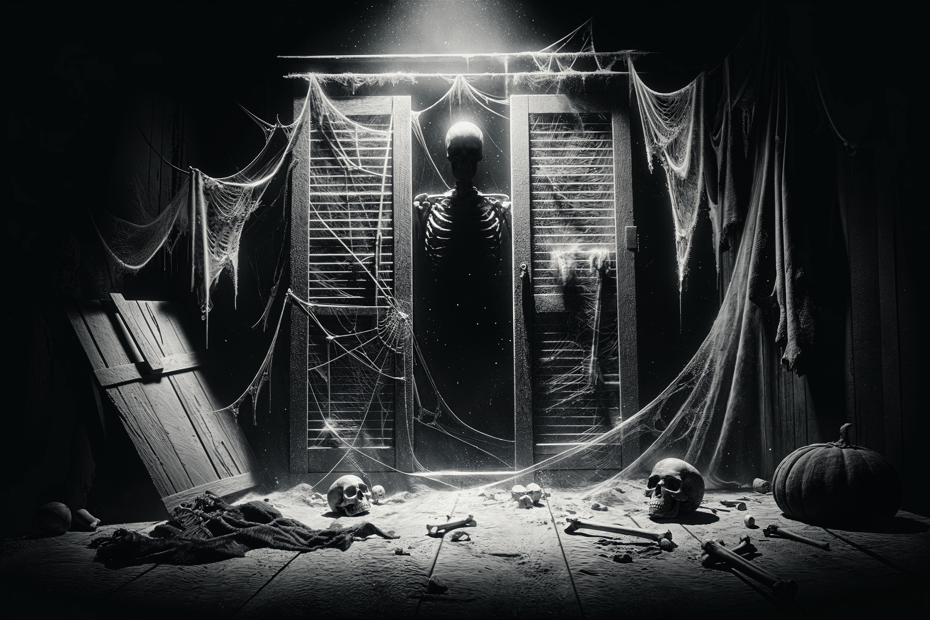 Eerie Room with Skeleton, Cobwebs, and Shadows